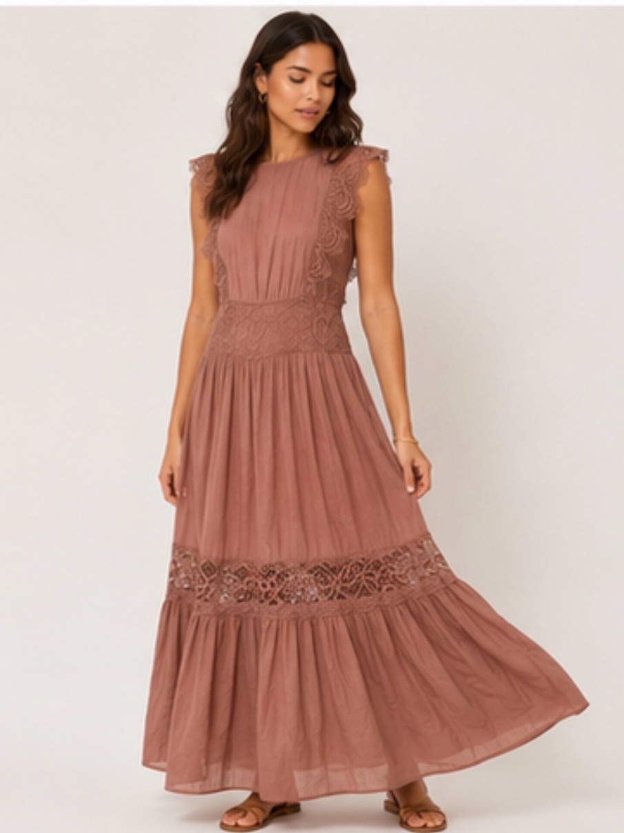 H&M Sleeveless Lace-Detail Maxi Dress In Mauve